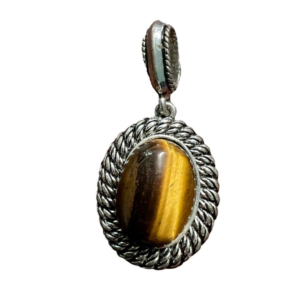 Avon Faux Tiger‎ Eye Pendant Silver Tone Vintage Signed